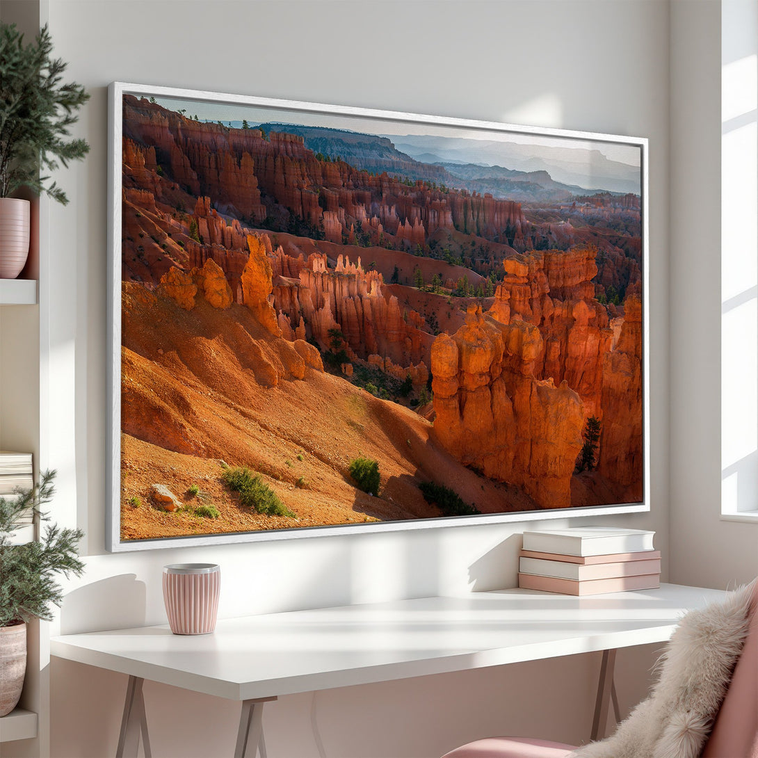 Framed Wall Art Canvas Print of Bryce Canyon landscape in warm earth tones. Add a touch of nature's beauty to your home decor.