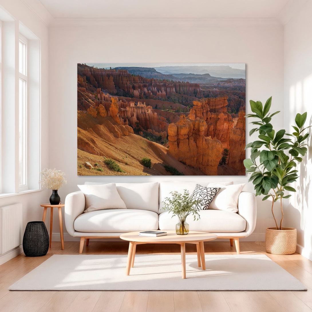 Framed Wall Art: Stunning desert landscape Canvas Print in warm orange tones. Perfect for adding a touch of nature and elegance to your home decor.