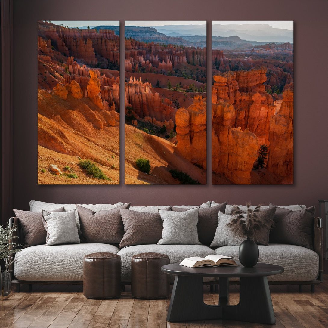 Canvas Print of Bryce Canyon landscape in warm orange and brown tones, perfect for adding a touch of nature to your living room.