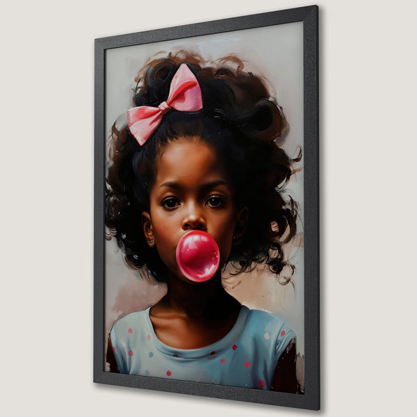 Framed Poster of a girl blowing bubblegum, artistic style with pink and blue accents. Perfect wall art for any room.