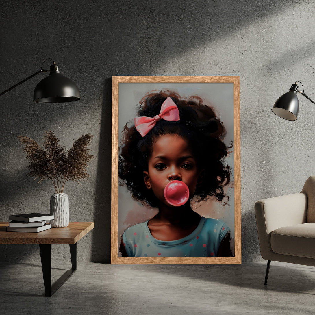 Framed Poster featuring a girl blowing bubble gum, painted in a soft, illustrative style with a pink and neutral color palette. Add art to your space!