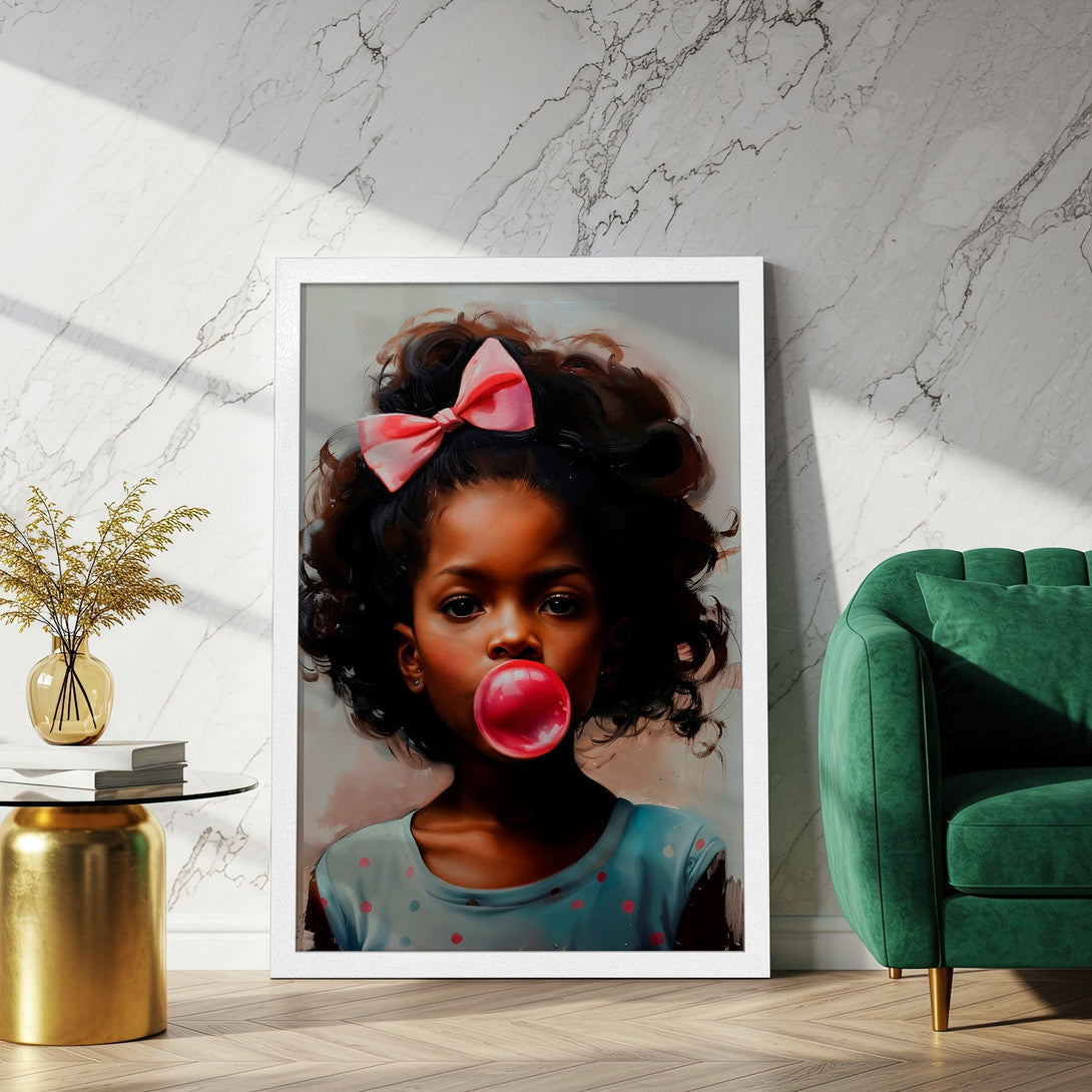 Framed Poster featuring a young girl blowing a bubblegum bubble, vibrant colors, and a modern art style. Perfect wall art!