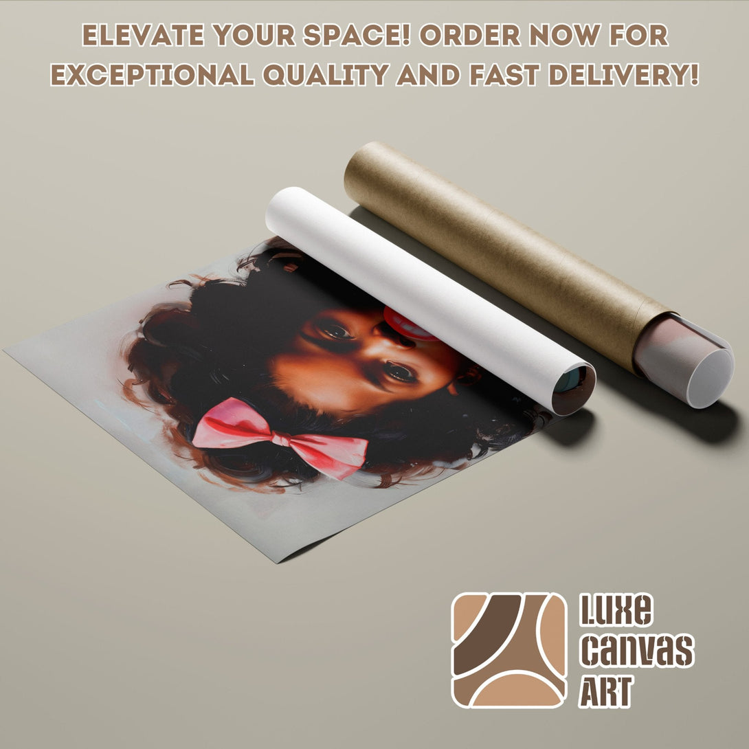 Poster Roll of a girl with a pink bow, warm color palette. Elevate your space! Order now!