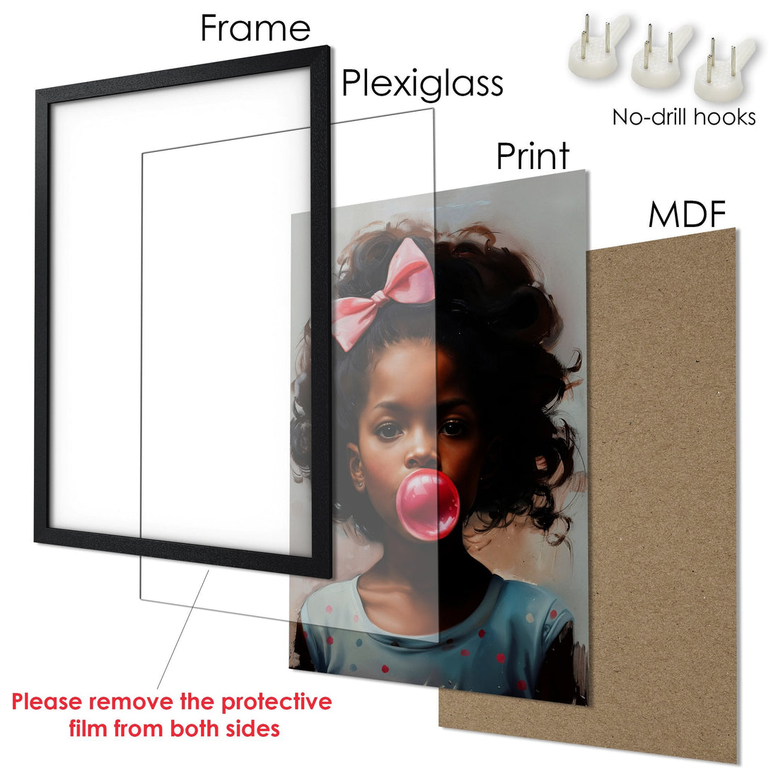 Framed Poster featuring a young girl with a bubblegum, artistic style, and a soft color palette. Perfect wall art!