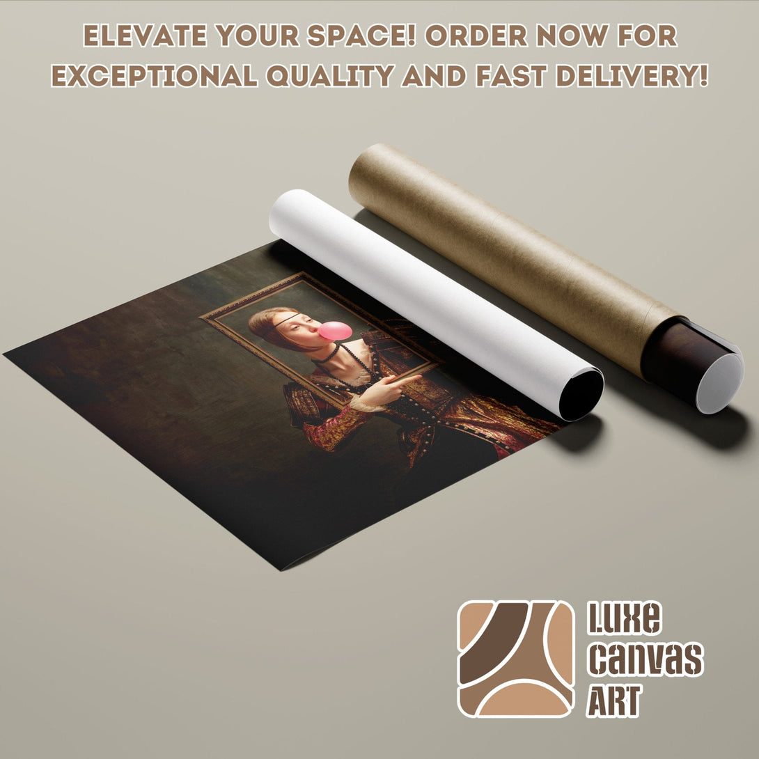 Poster Roll of Renaissance-style woman with bubblegum. Dark, moody color palette. Elevate your space!