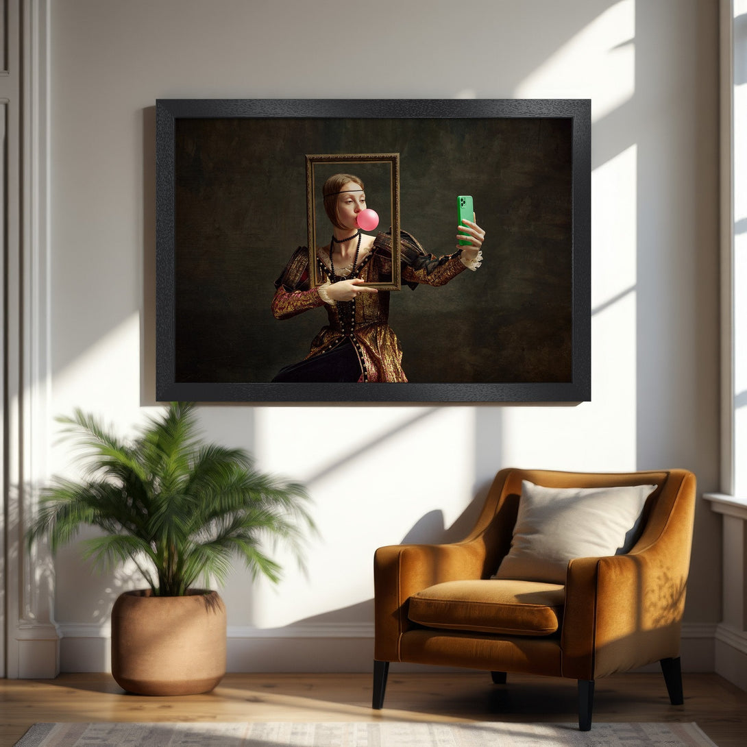 Framed Poster: Renaissance woman with bubblegum selfie, dark moody style, gold & green accents. Perfect wall art!