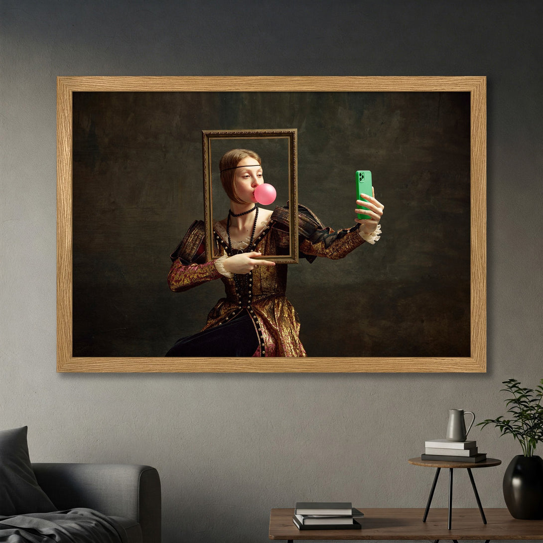 Framed Poster: Renaissance woman with bubblegum taking selfie. Dark, moody tones with gold accents. Unique wall art for your home.