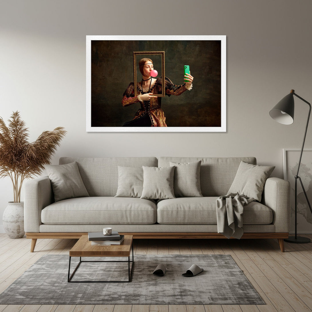 Framed Poster: Renaissance woman taking selfie with bubblegum, dark, moody style, warm color palette. Perfect wall art!