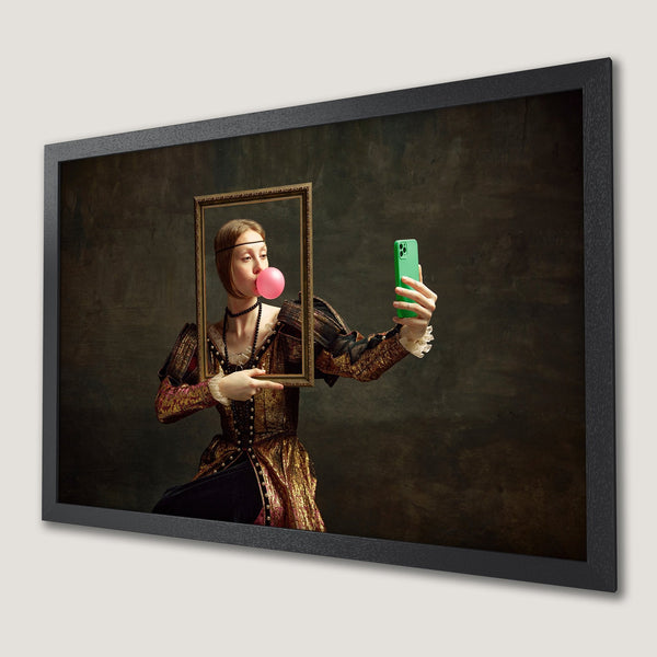 Framed Poster: Renaissance woman takes selfie with bubblegum. Dark, moody color palette with gold and deep reds. Modern art for your space.