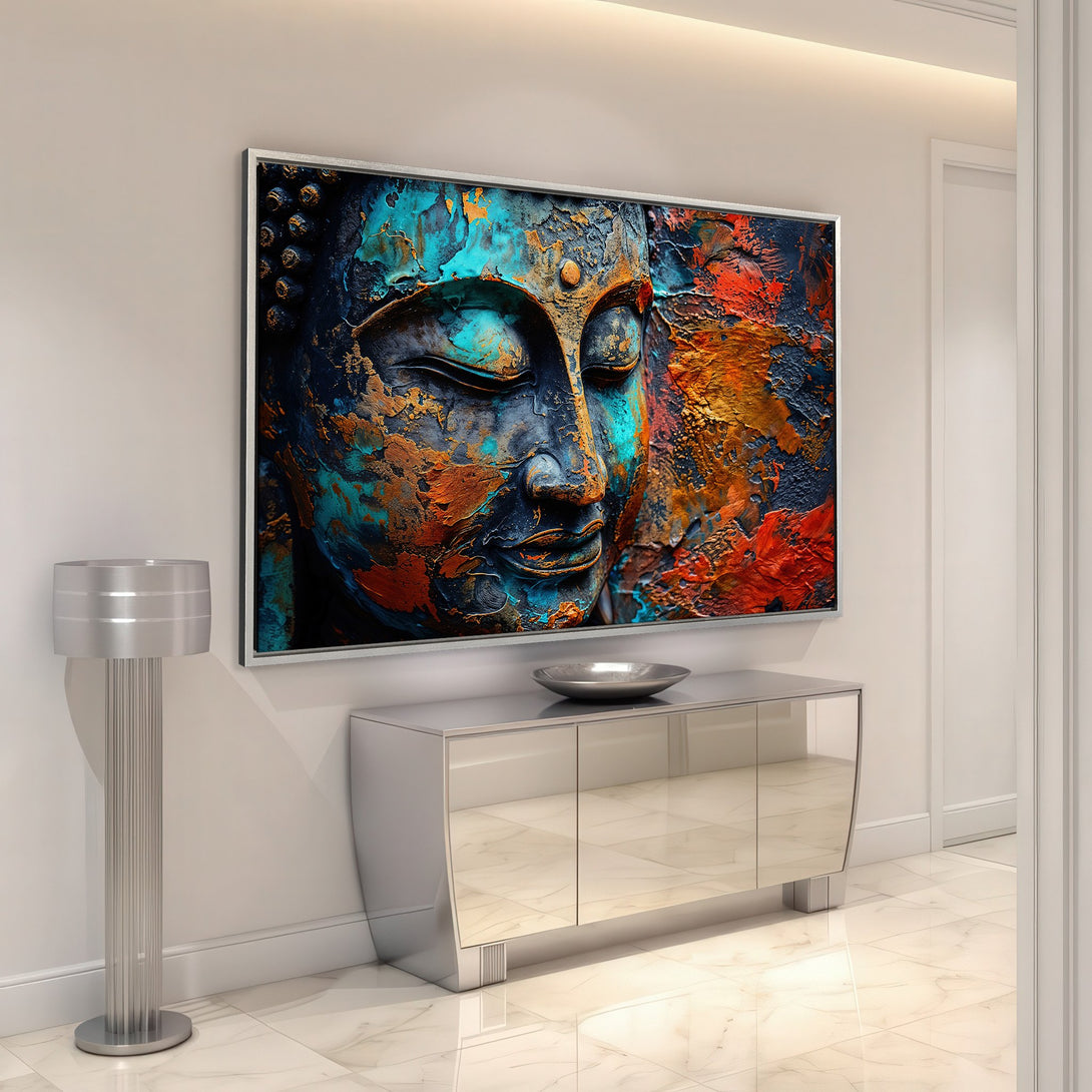 Framed Wall Art featuring a serene Buddha face in vibrant teal, orange, and black abstract style. Elevate your space with this stunning Canvas Print!