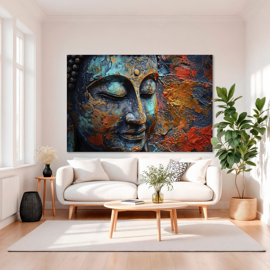 Framed Wall Art: Abstract Buddha Canvas Print in teal, orange, and gold. Modern decor for a serene living room.