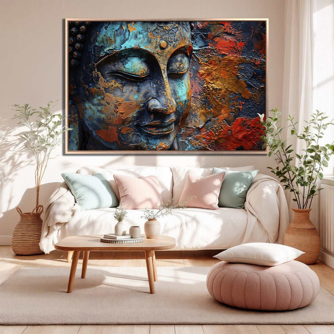 Framed Wall Art: Abstract Buddha face in teal, orange, and navy. Textured, modern style. Perfect for adding zen to your space.
