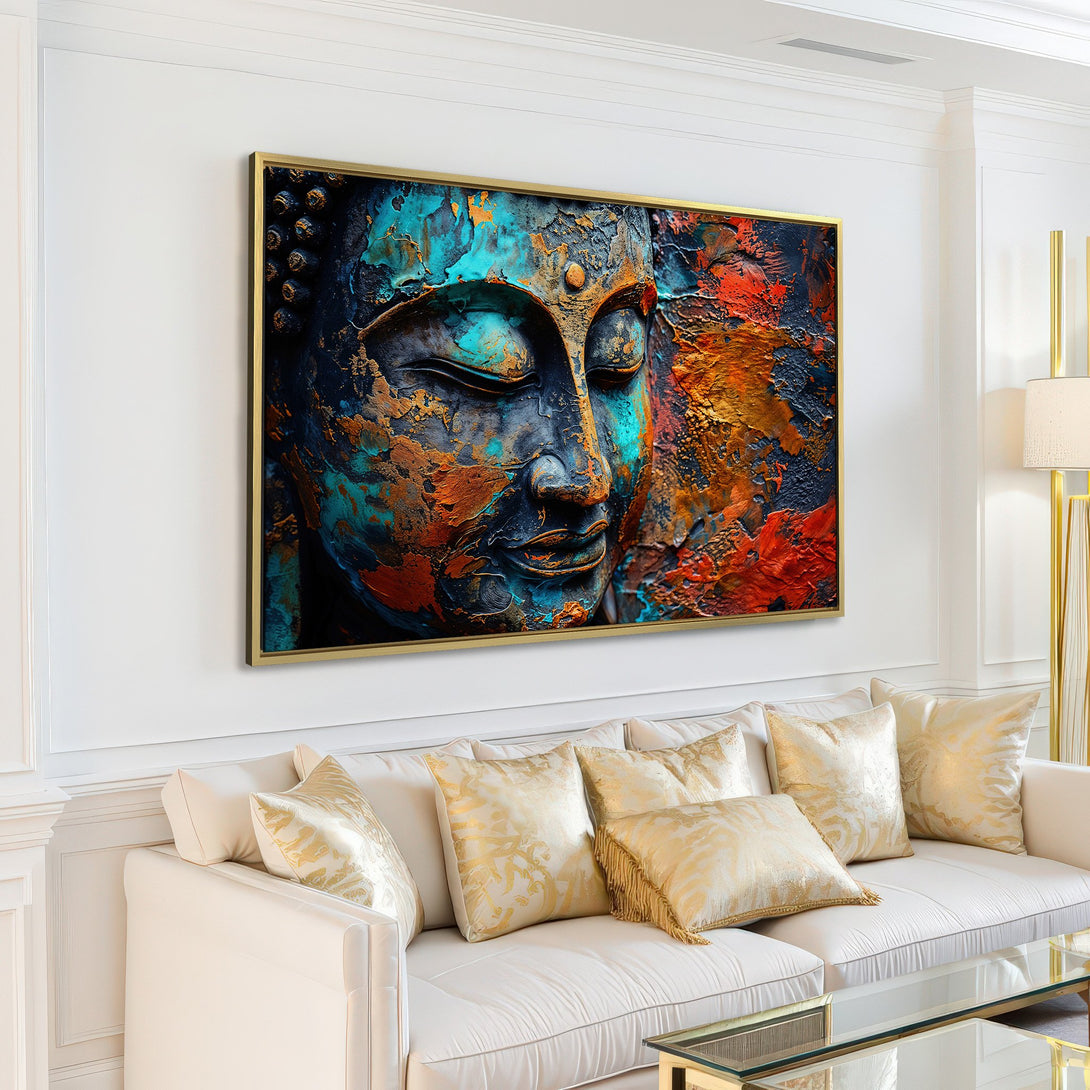 Canvas Print of a textured Buddha face in teal, orange, and navy. Modern art for a calming living room.