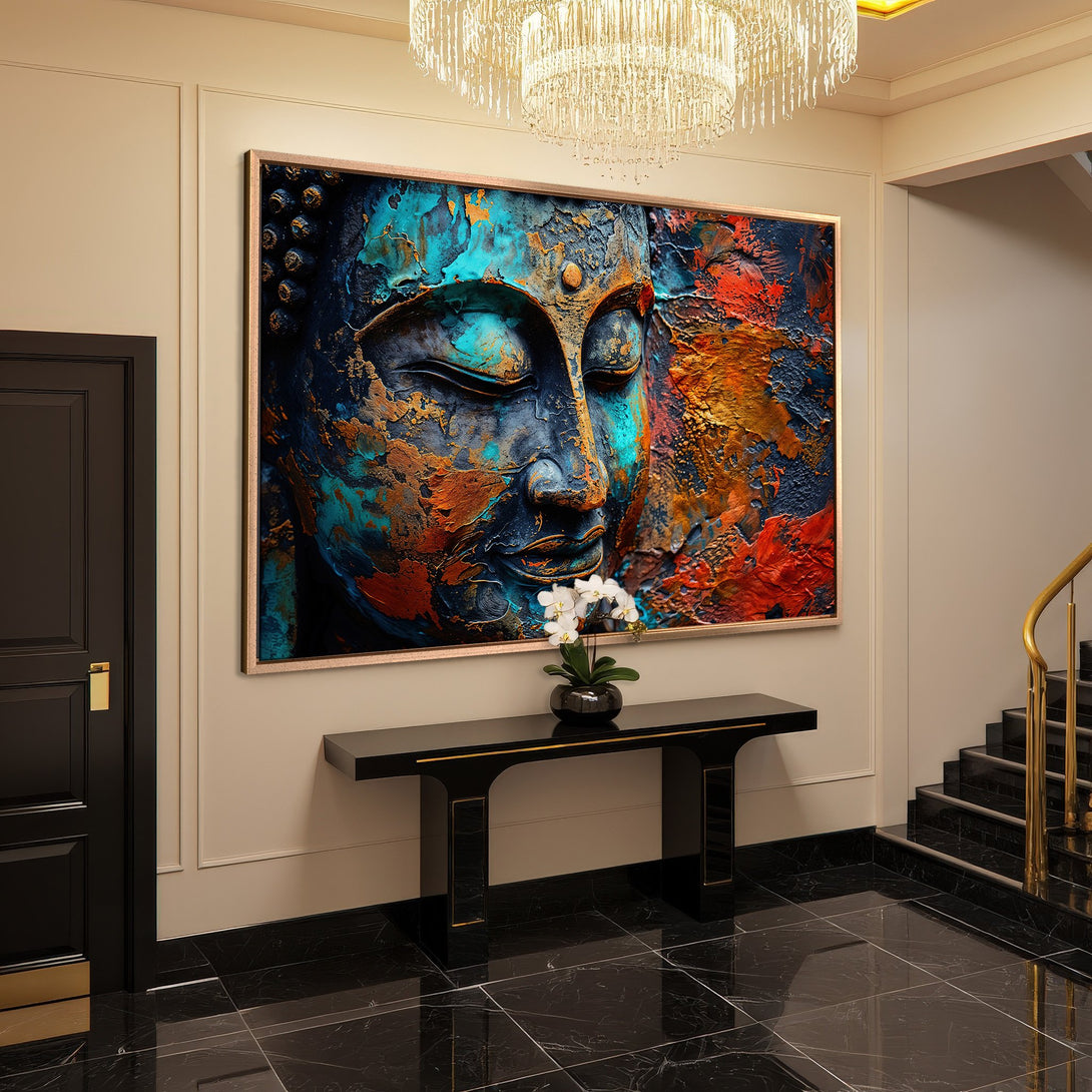 Framed Wall Art: Abstract Buddha Canvas Print. Vibrant teal, orange, and navy colors. Modern, textured art for stylish home decor.