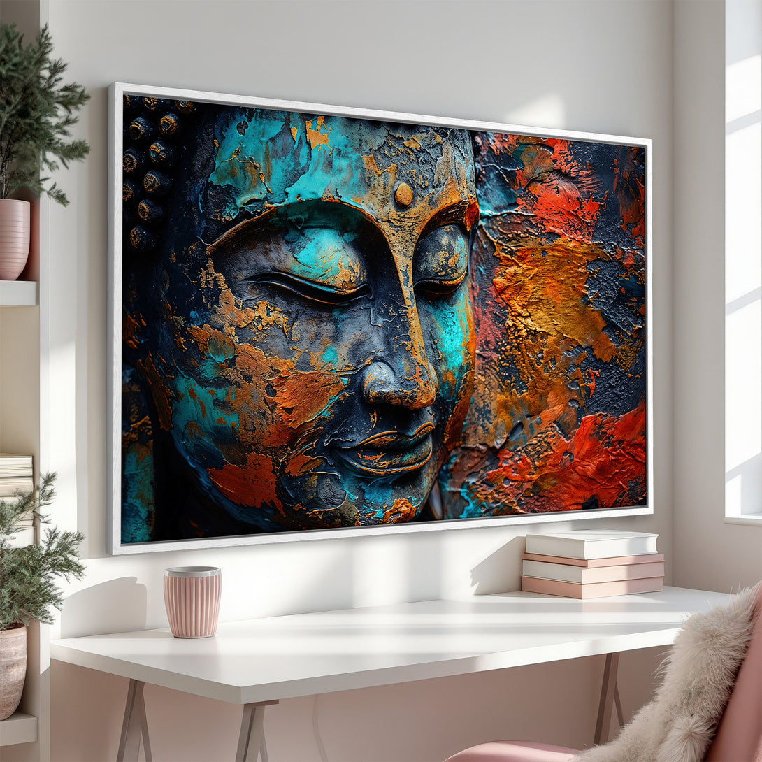 Framed Wall Art: Abstract Buddha face in teal, orange, and gold. Modern canvas print adds zen vibes to any space. Shop now for unique wall decor!