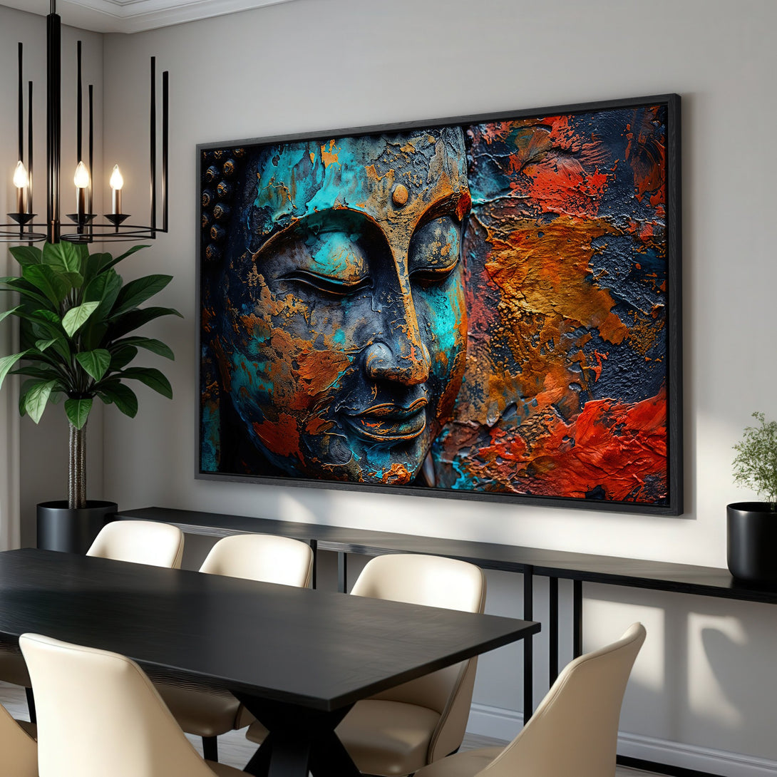 Framed Wall Art: Abstract Buddha face in teal, orange, and navy. Modern art Canvas Print for home decor. Enhance your dining room with this piece.