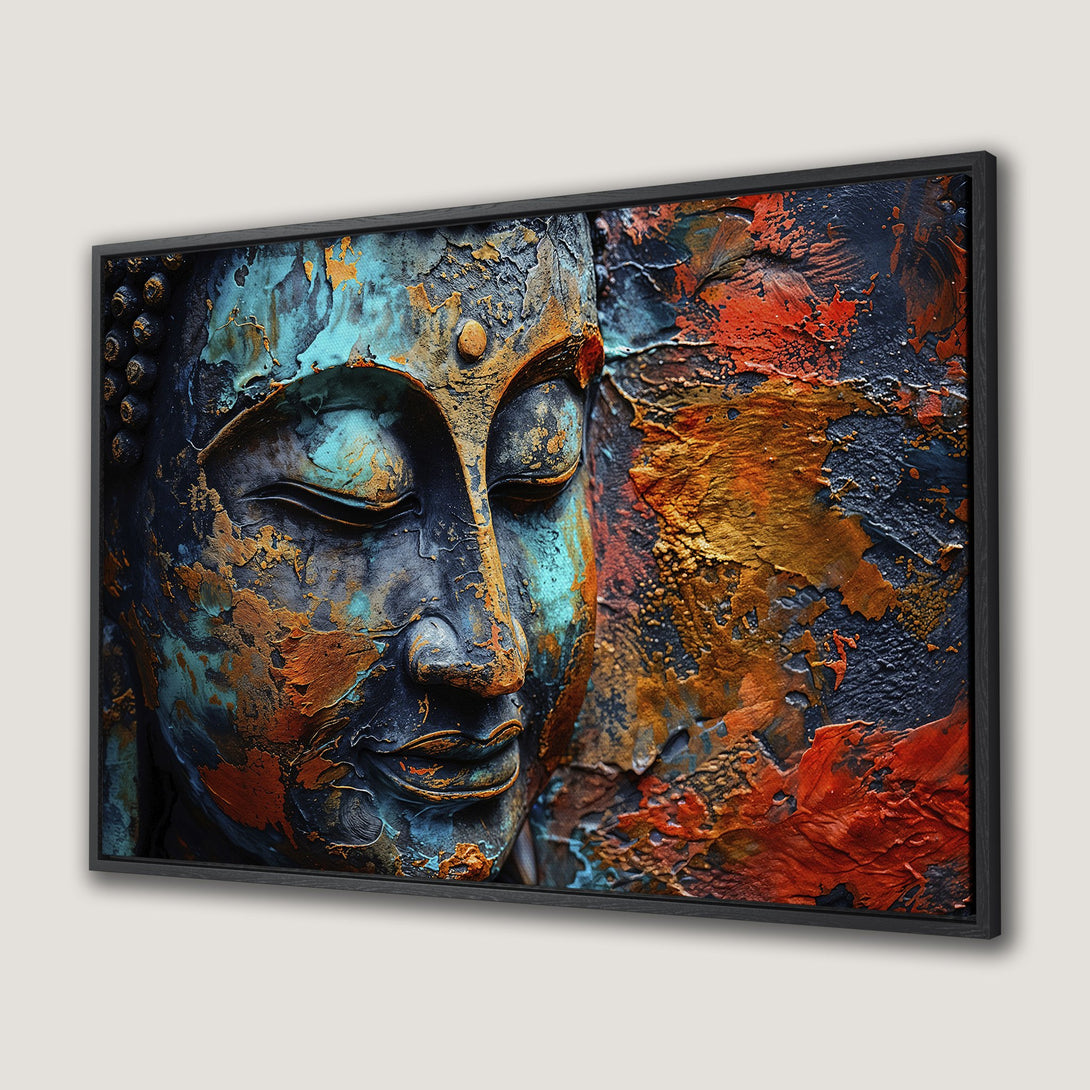 Framed Wall Art: Abstract Buddha face in teal, orange, and navy. Textured, modern canvas print for a tranquil and stylish home decor.