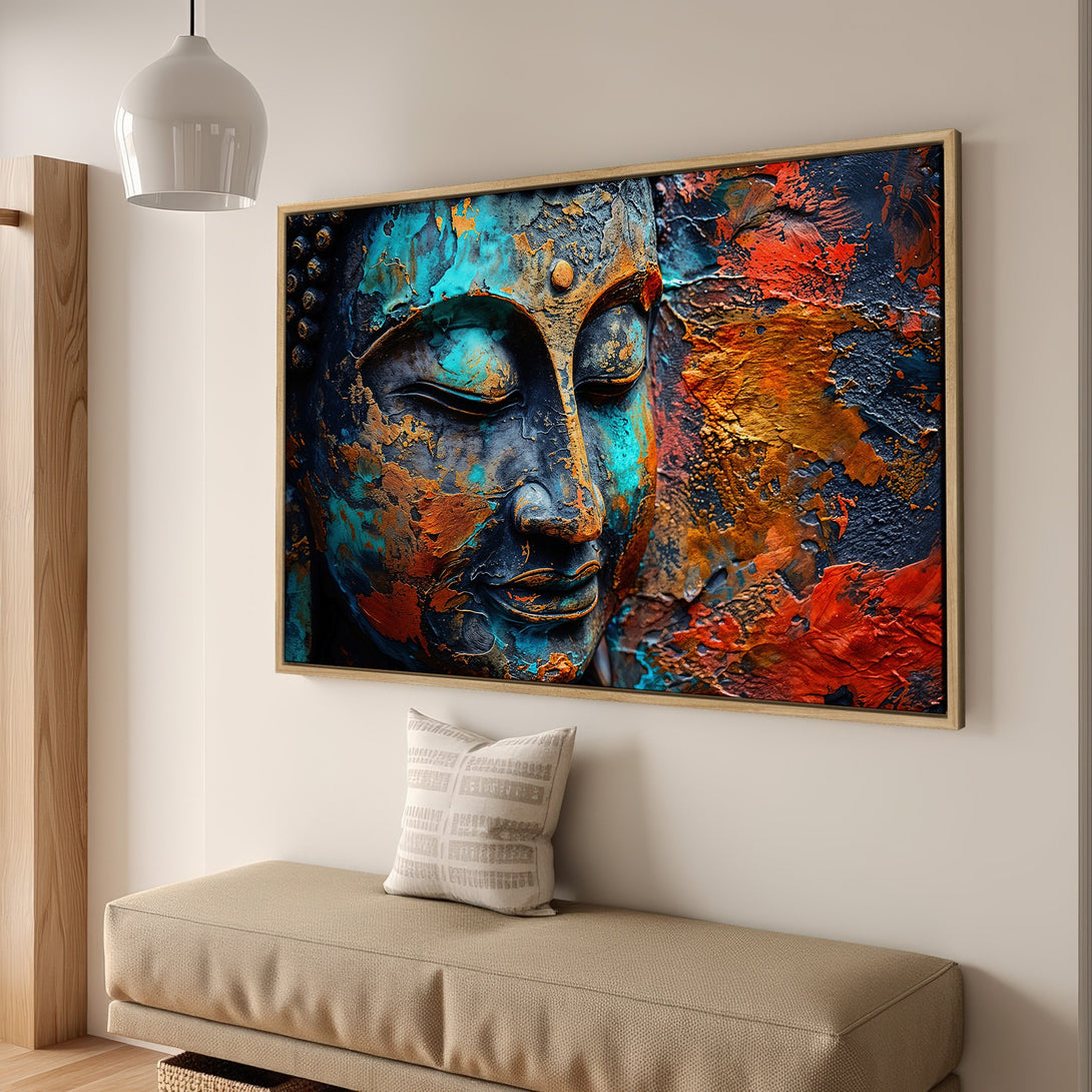 Framed Wall Art: Abstract Buddha face in teal, orange, and navy. Modern, textured canvas print for zen decor.