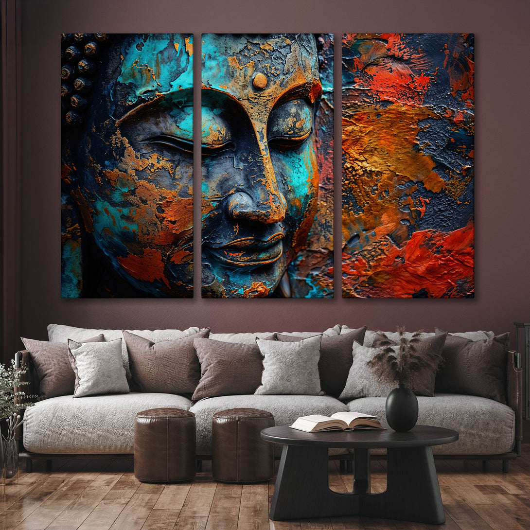 Abstract Buddha Canvas Print in teal, orange, and black. Modern wall art for home decor.