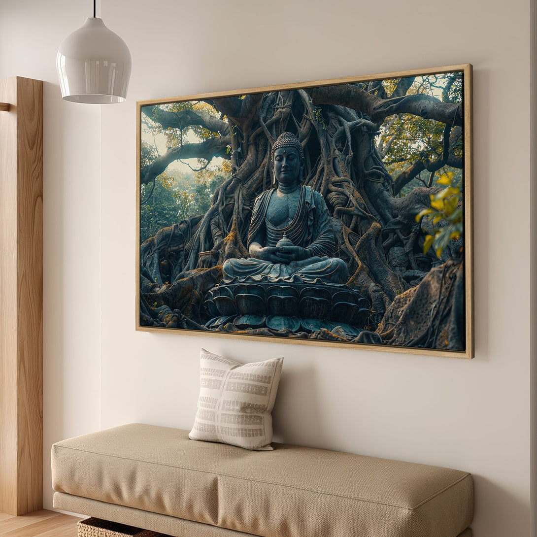 Framed Wall Art: Serene Buddha Canvas Print in a calming interior. Earthy tones and a tranquil scene for a peaceful ambiance. Enhance your space today!