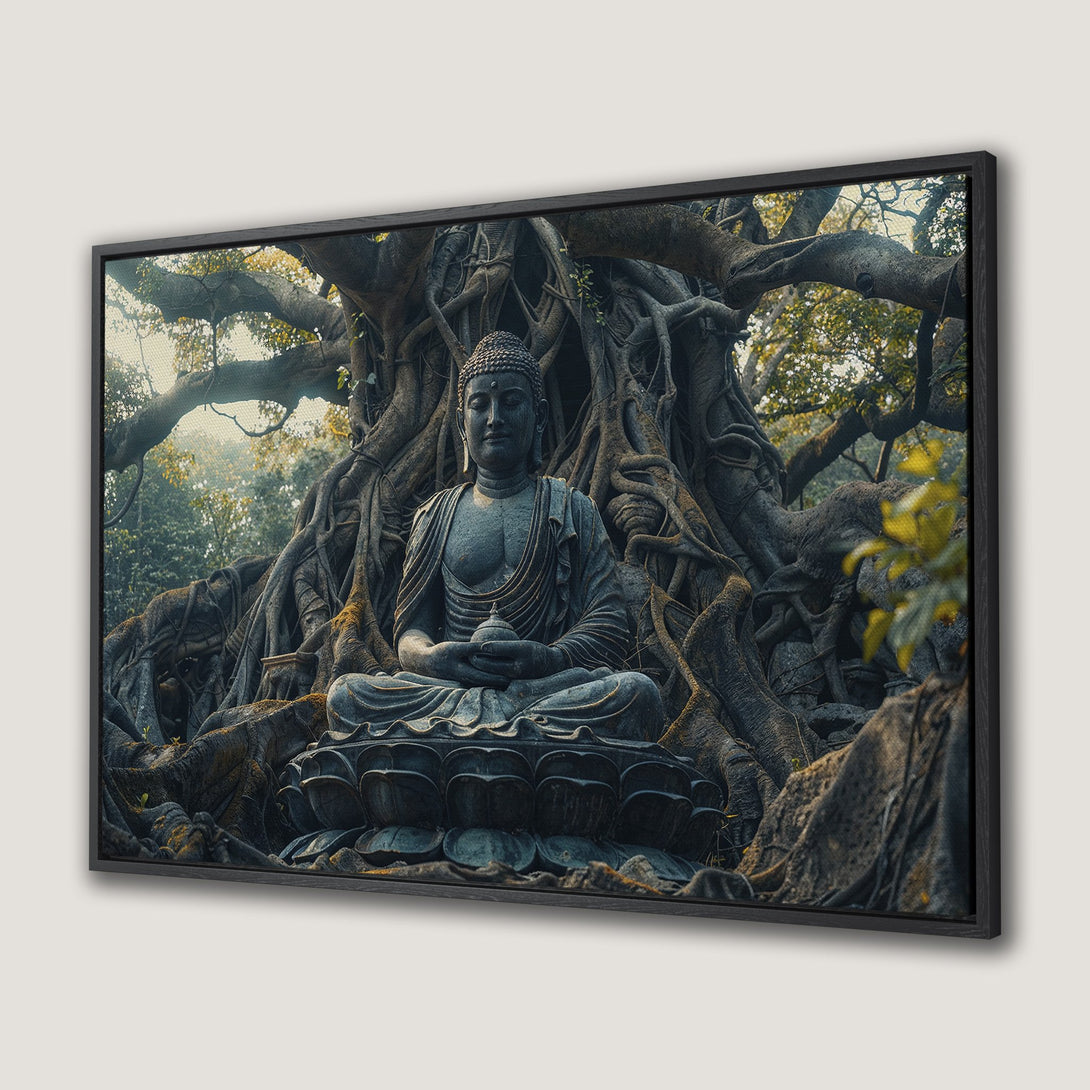 Framed Wall Art: Serene Buddha statue under a tree, earthy tones. Bring peace to your space with this tranquil canvas print.