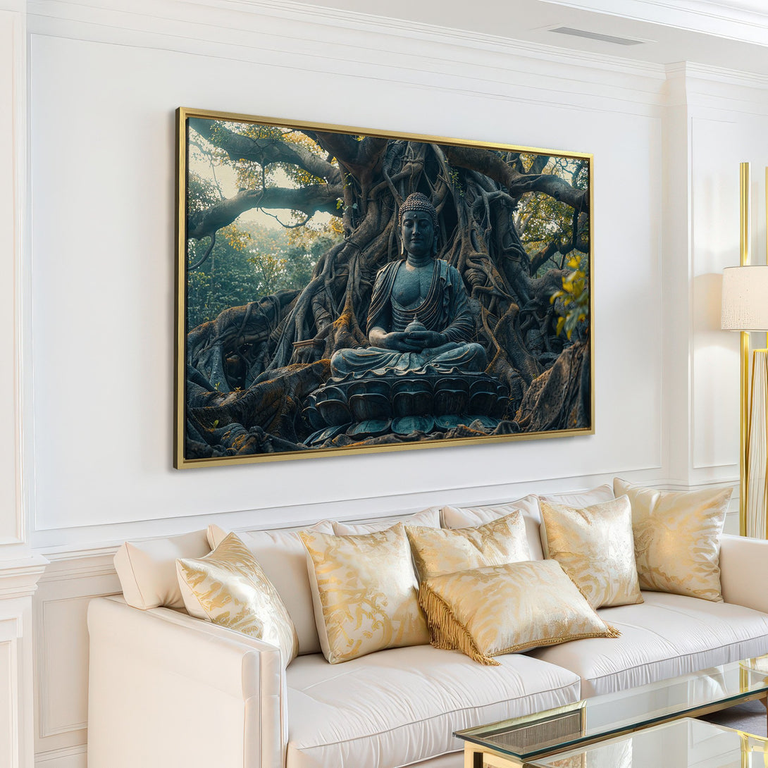 Canvas Print of a serene Buddha statue in a lush, natural setting. Earthy tones and a calming aesthetic for your home decor.