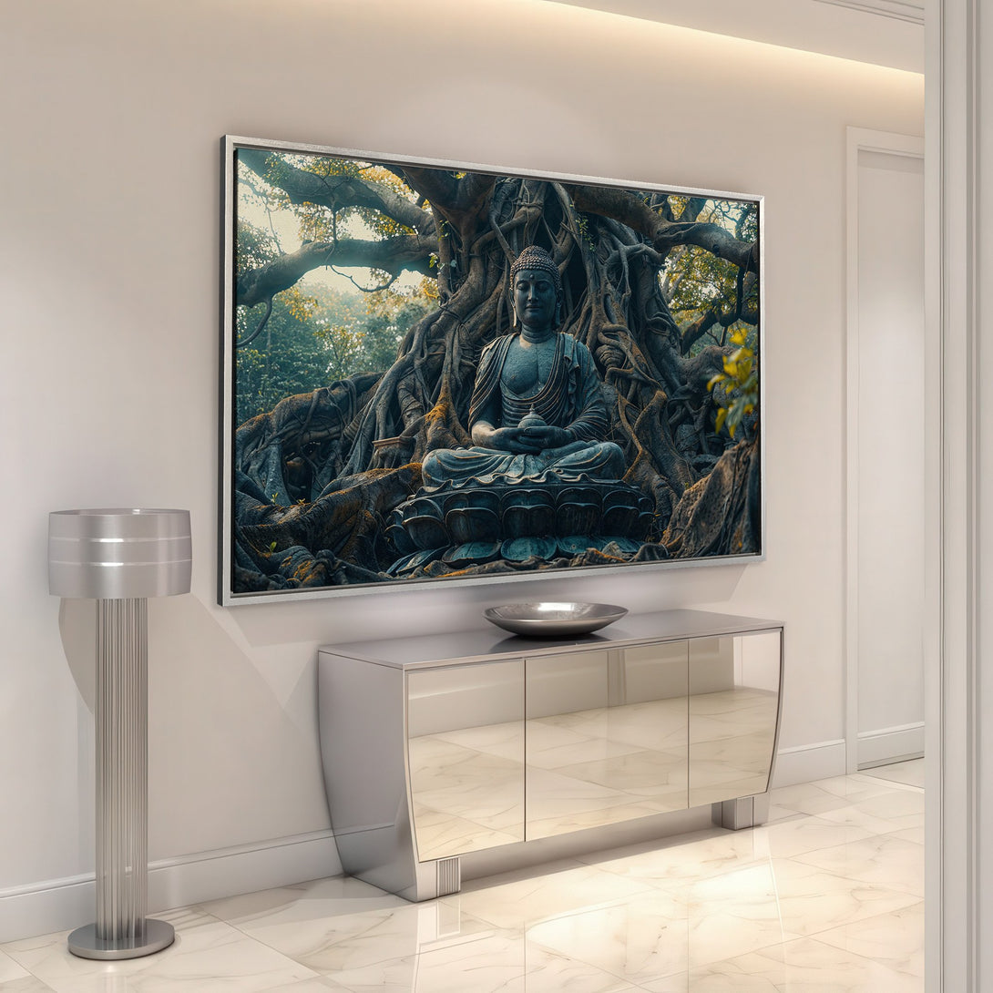 Framed Wall Art: Serene Buddha Canvas Print in a modern interior. Earthy tones and tranquil scene create a calming atmosphere. Perfect for meditation spaces.