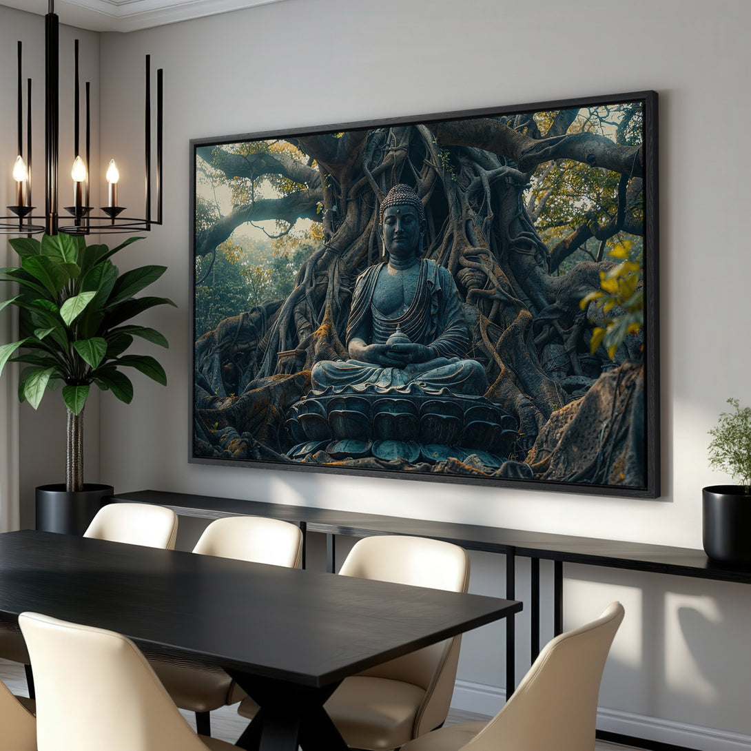 Framed Wall Art: Buddha statue canvas print in a dining room. Serene, earthy tones with a touch of green and gold. Enhance your space with zen art.