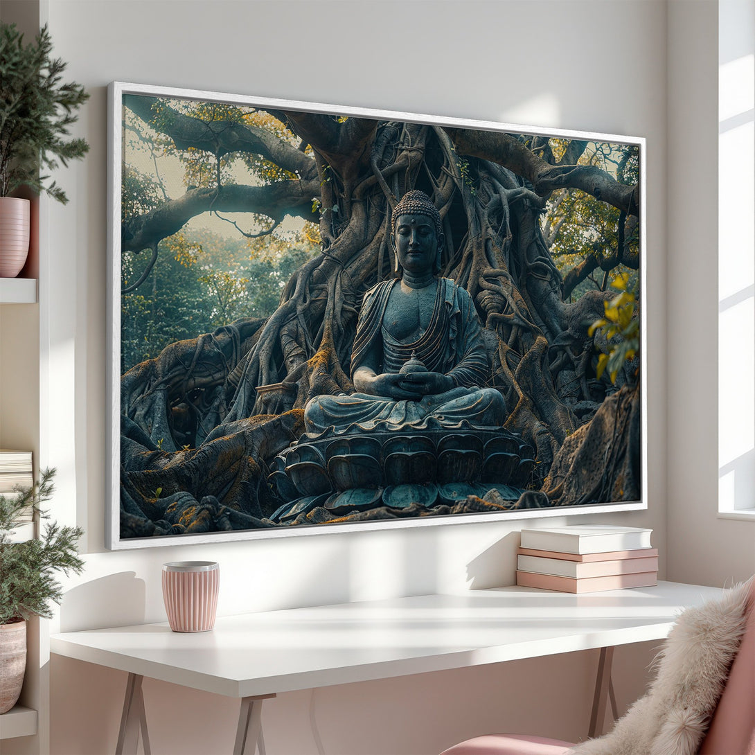 Framed Wall Art featuring a serene Buddha statue in a lush forest setting. Earthy tones and calming greens create a peaceful ambiance. Perfect for meditation spaces!