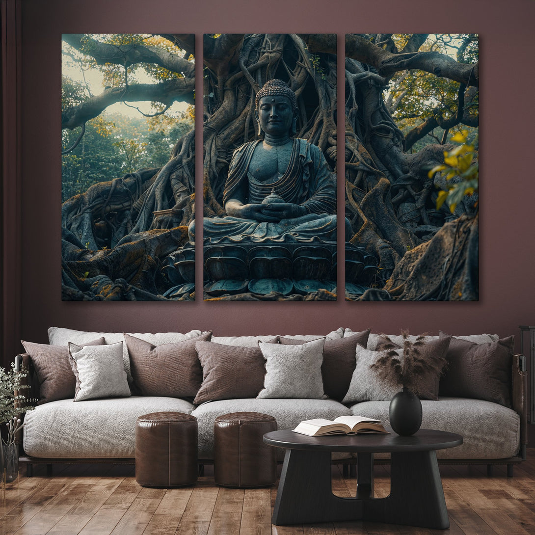 Canvas Print of a serene Buddha statue in a tree, earthy tones, perfect for meditation and home decor.