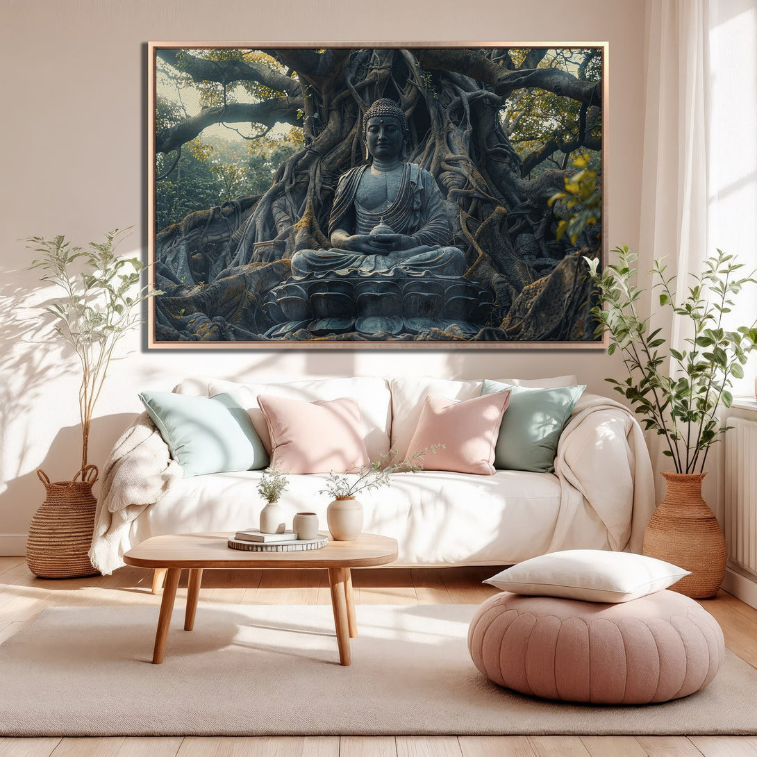 Framed Wall Art featuring a serene Buddha statue under a tree. Earthy tones and a calming interior design. Perfect for meditation spaces.
