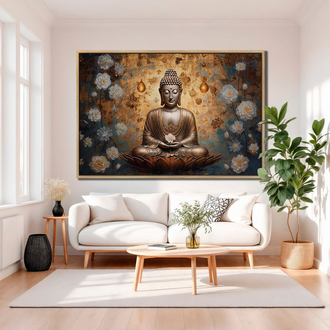 Framed Wall Art featuring a serene Buddha, floral accents, and a gold, teal, and brown color palette. Perfect for adding zen to your space.