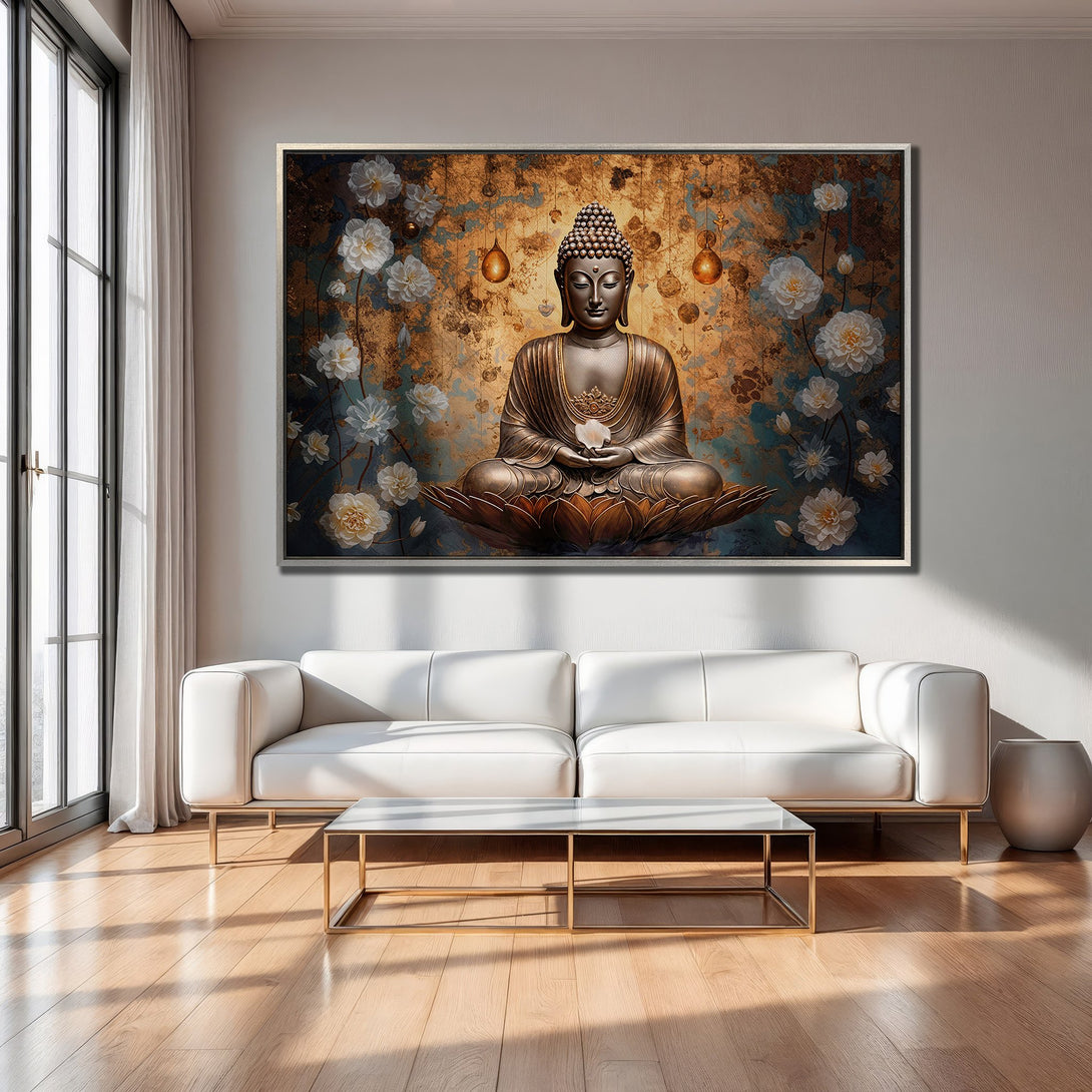Framed Wall Art: Buddha Canvas Print in a modern living room. Features a serene Buddha image with a gold, teal, and white color palette.