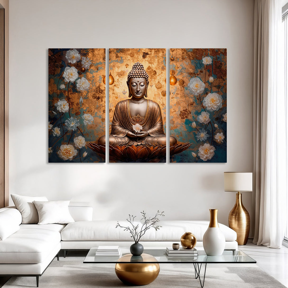 Canvas Print of a meditating Buddha with floral accents in a gold, blue, and white color palette, perfect for modern home decor.