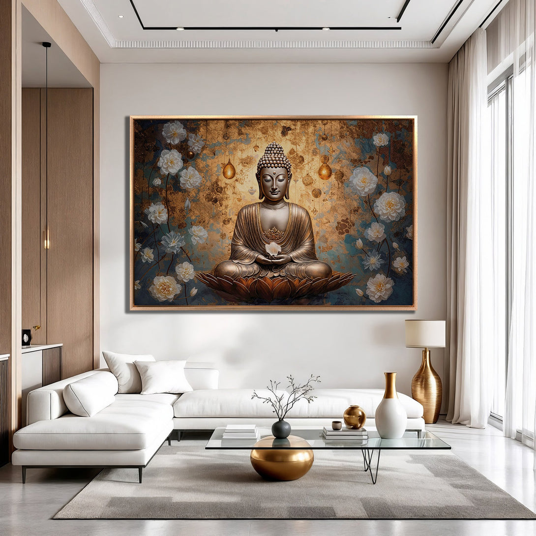 Framed Wall Art: Buddha Canvas Print in a modern living room. Gold, teal, and white color palette. Zen-inspired decor for your home.