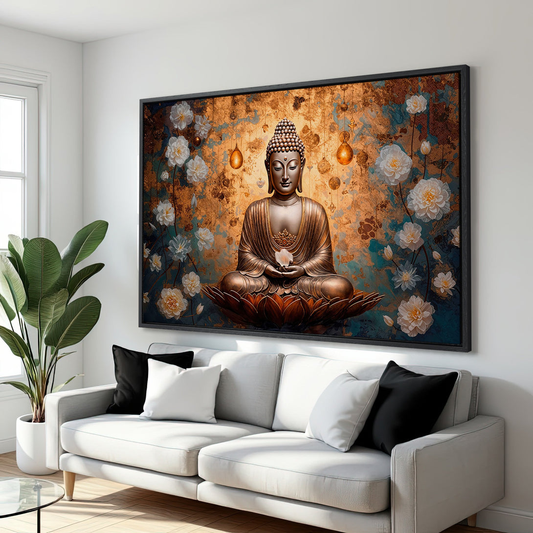 Framed Wall Art: Buddha Canvas Print with floral accents. Warm gold, teal, and white palette. Zen-inspired decor for a serene living room.