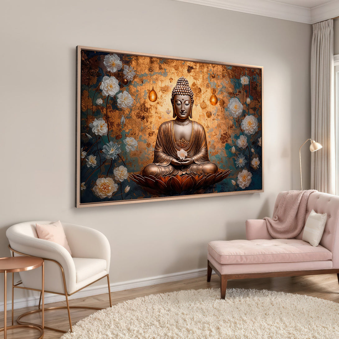 Framed Wall Art: Buddha Canvas Print with gold & teal floral design. Adds zen & calm to any space. Warm color palette.