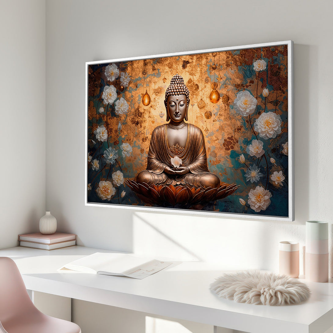 Framed Wall Art: Peaceful Buddha Canvas Print with gold, teal, and white floral accents. Perfect for meditation spaces and adding zen to your home decor.