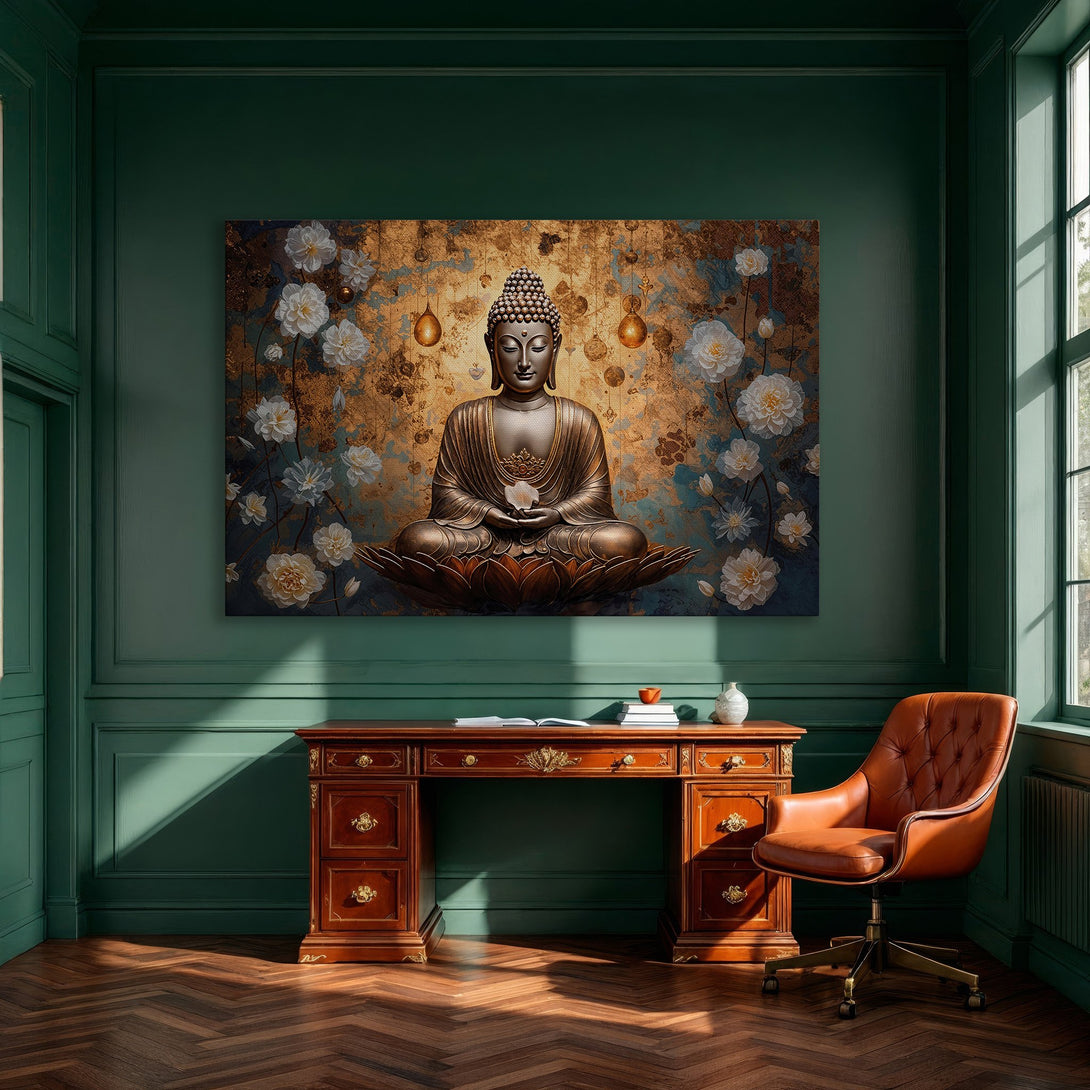 Framed Wall Art: Buddha Canvas Print. Gold, teal, and white floral design. Perfect for adding zen and elegance to your home decor.