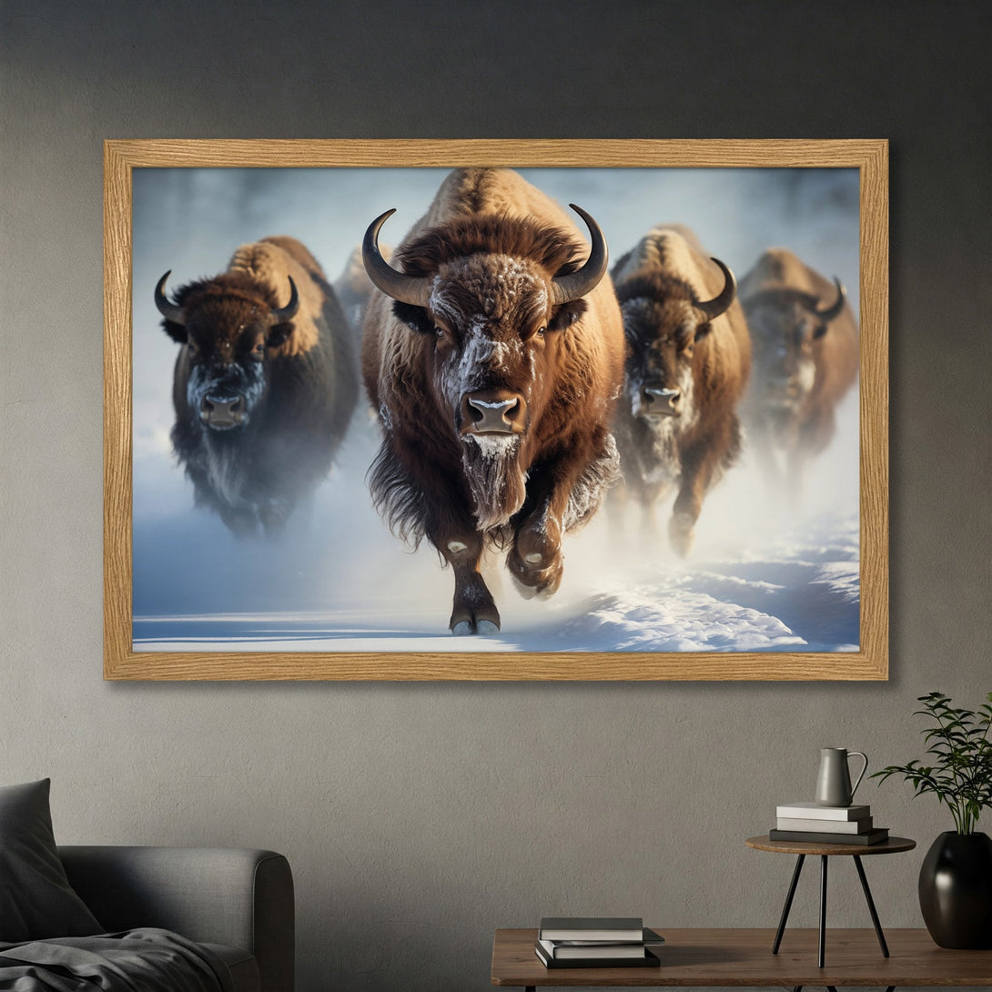 Framed Poster featuring bison running in snow. Rustic style with warm brown and cool blue tones. Perfect wildlife art for your home!