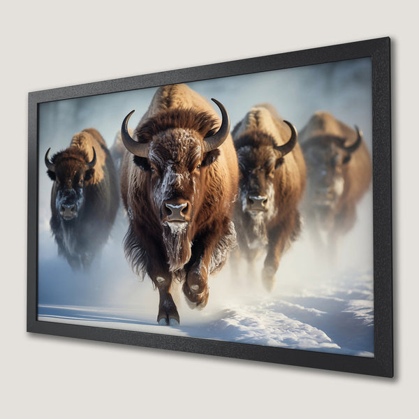Framed Poster of bison running in snow. Rustic style, warm brown and cool blue color palette. Add a touch of nature to your home!
