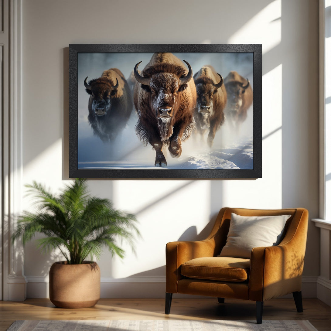 Framed Poster featuring bison running through snow. Rustic style with warm brown and cool blue tones. Add a touch of nature to your space!