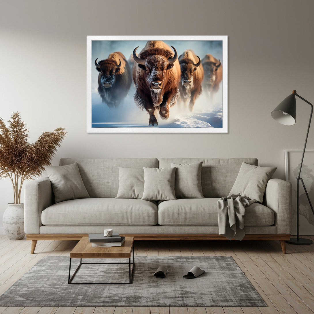 Framed Poster of bison running through snow. Rustic style, warm brown and cool blue color palette. Add a touch of nature to your home!