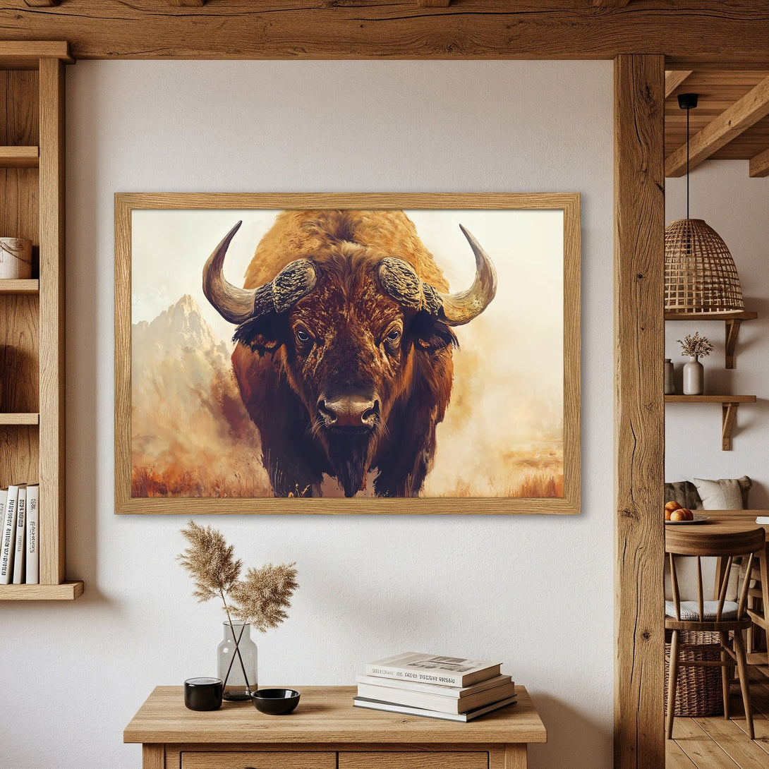 Framed Poster of a majestic bison in a warm, earthy color palette. Rustic art style perfect for home decor.