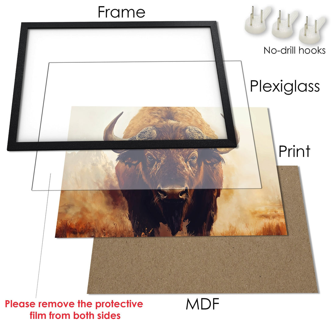 Framed Poster featuring a majestic bison in warm earth tones. Perfect wall art for your home!