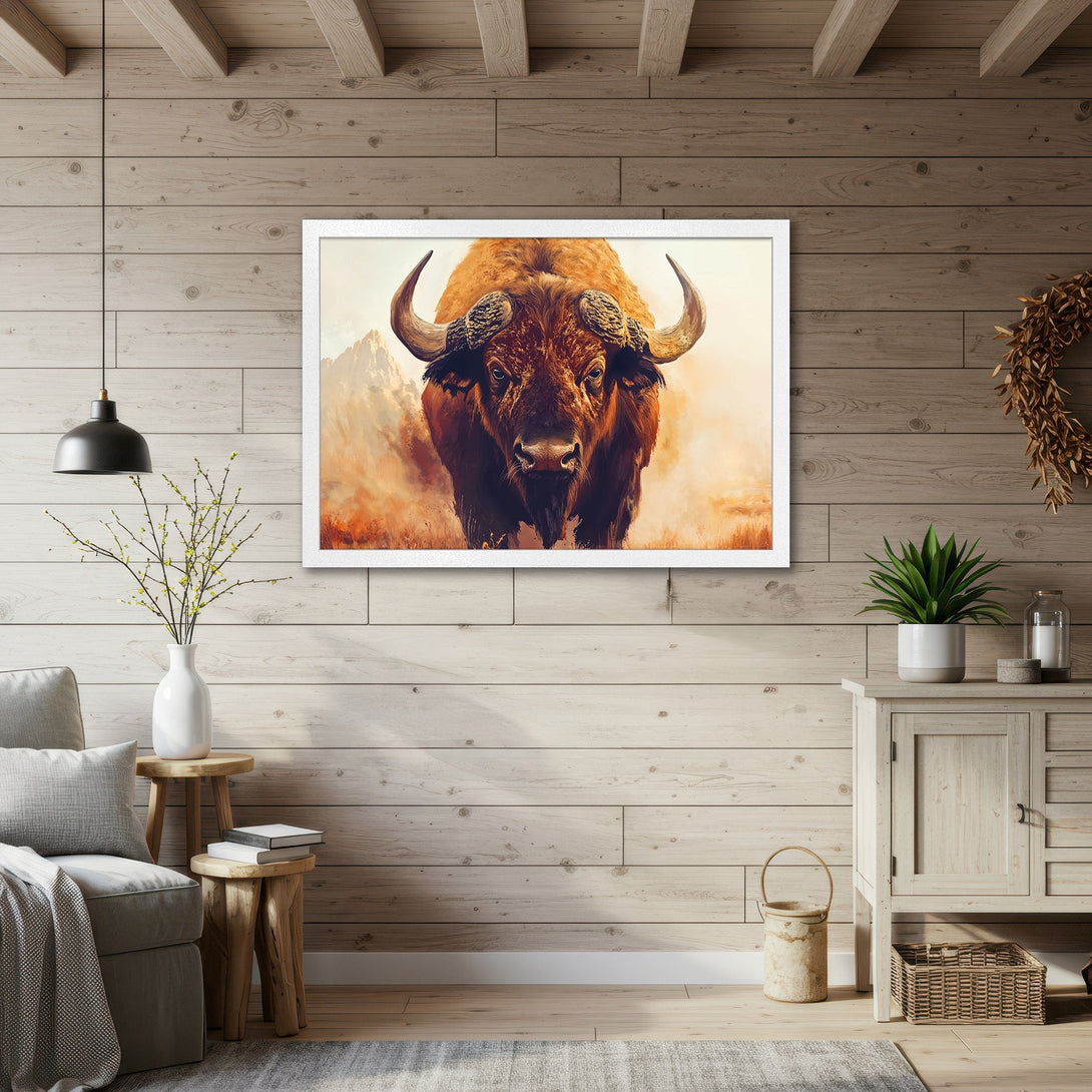 Framed Poster featuring a majestic bison in warm, earthy tones. Rustic art print perfect for home decor.