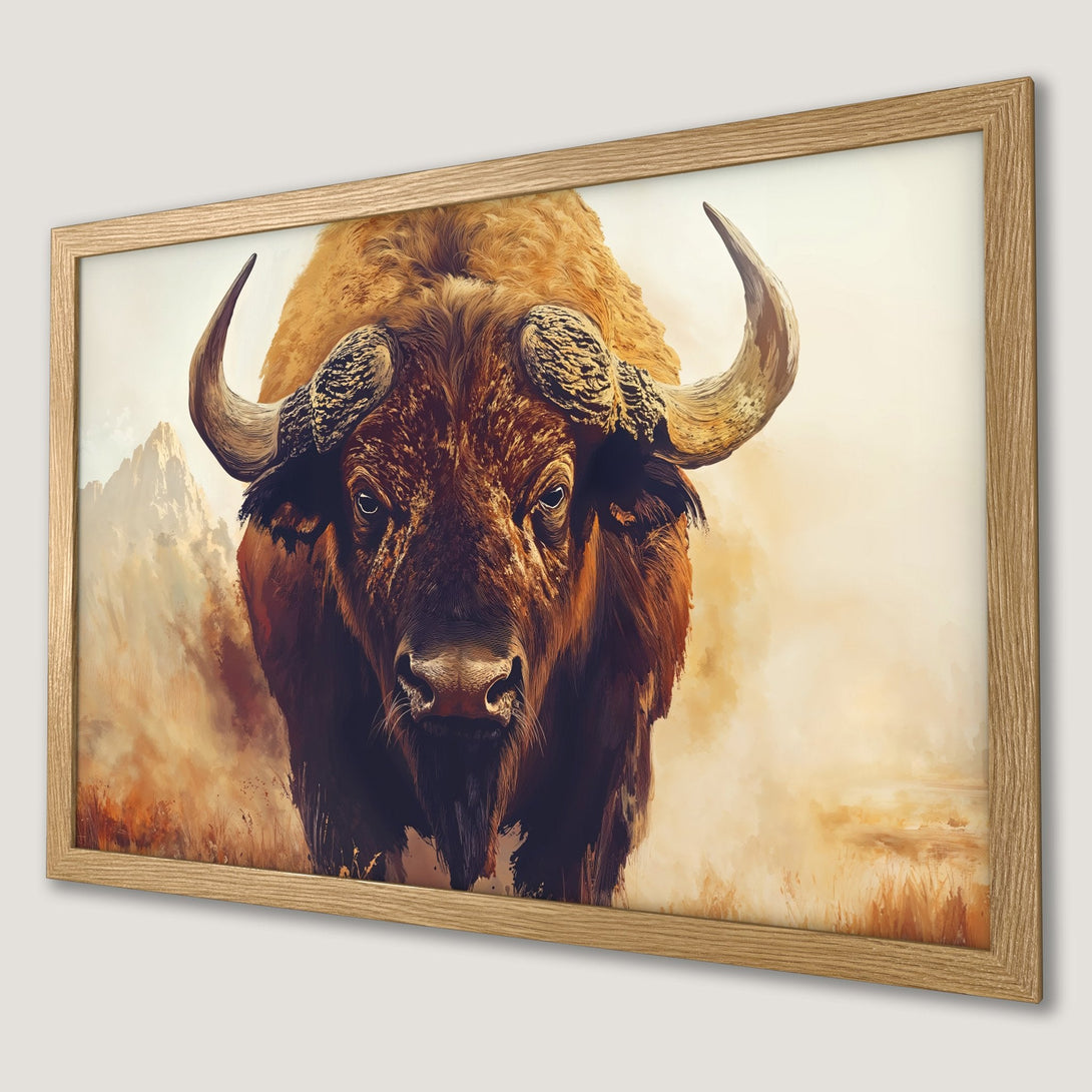 Framed Poster of a majestic bison. Artistic style with warm, earthy tones. Perfect wall art for your home.