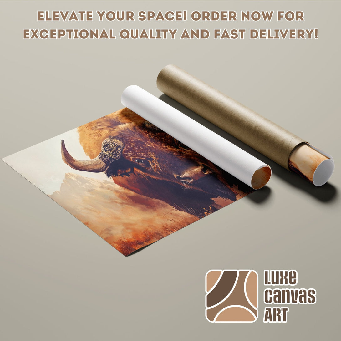 Poster Roll featuring a bison in warm tones. Rustic art style.