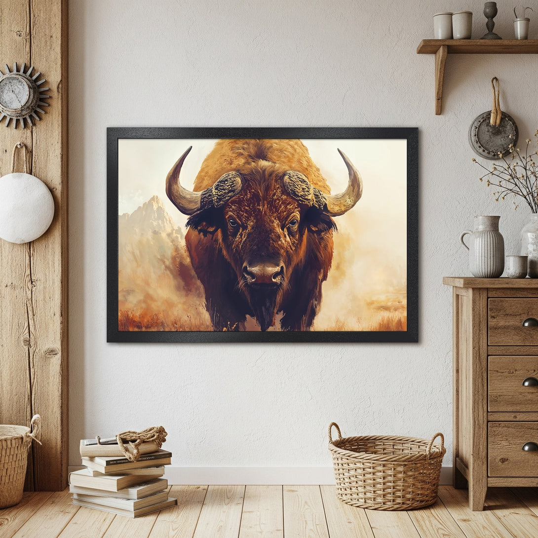 Framed Poster featuring a majestic bison in a warm, earthy color palette. Rustic art for your home.