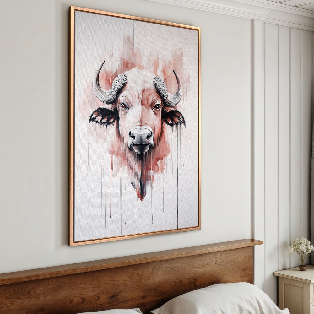 Framed Wall Art: Watercolor buffalo portrait in blush and gray tones. Modern canvas print for a stylish bedroom.